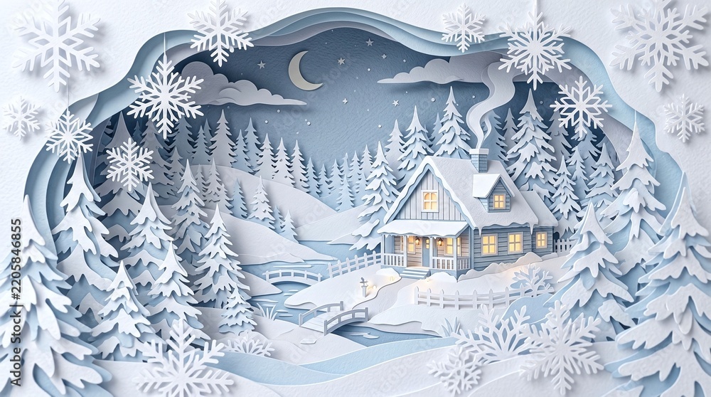 Obraz premium Paper cut style winter landscape with a cozy snow covered house, pine forest, bridge, and big snowflakes against a moonlit night sky