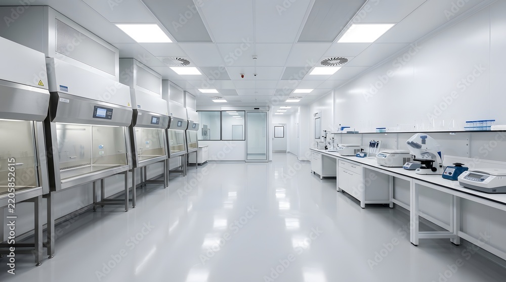 Fototapeta premium Modern cleanroom laboratory interior featuring sterile white surfaces, stainless steel equipment, bright fluorescent lighting, and advanced research instruments