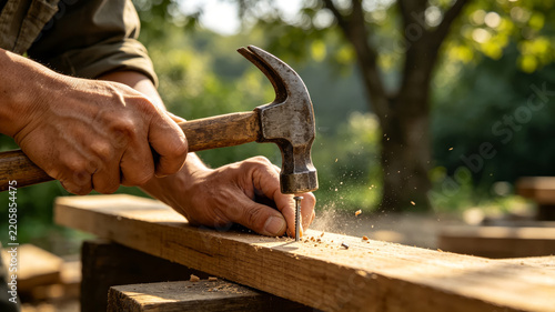 Close-up of Hands Hammering Nail into Wooden Plank Outdoors with Flying Wood Chips