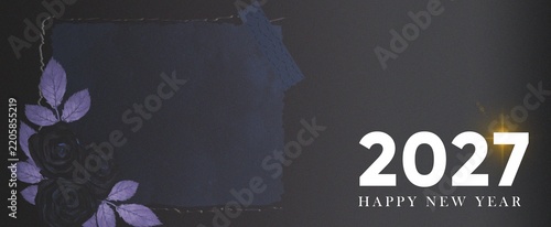 2027 Happy New Year celebration background with purple roses and copy space