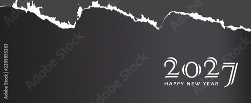 2027 Happy New Year illustration with torn paper effect on dark background, holiday card design