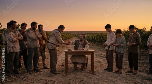Man Pays Workers a Single Coin Each in a Vineyard at Sunset Illustrating Fairness and Gratitude with a Historical or Religious Theme
