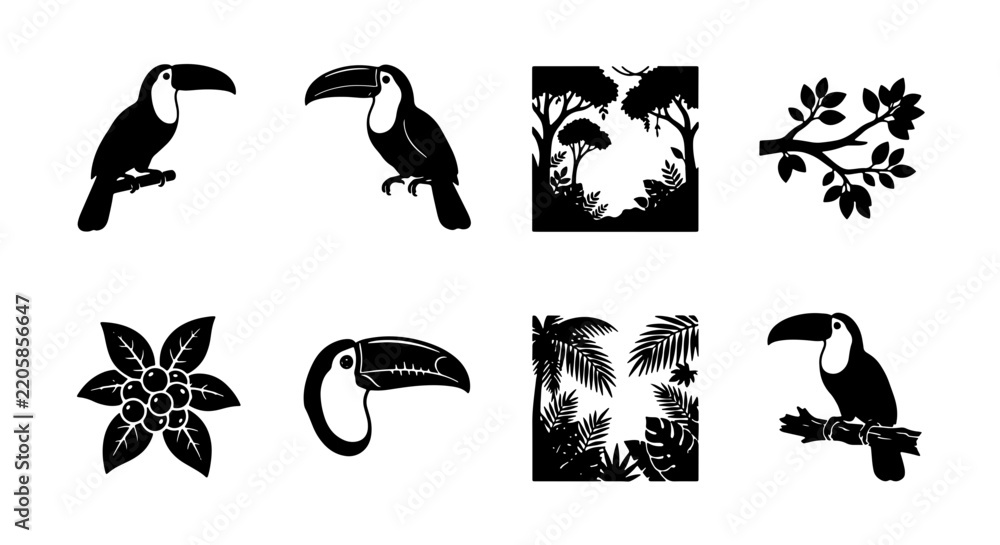Fototapeta premium Tropical Toucan Bird Silhouette Icon Set, Black Jungle Animal Vectors, Exotic Rainforest Flora Elements