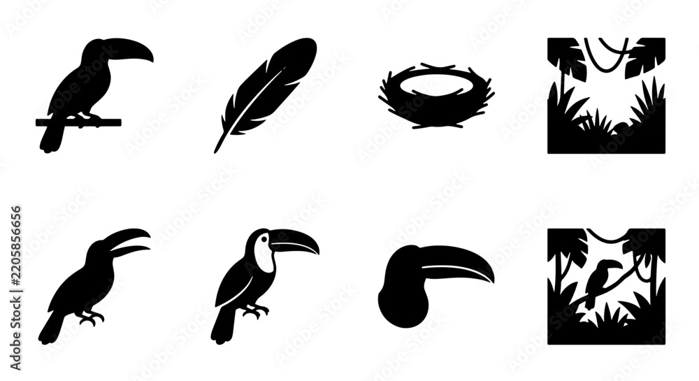 Fototapeta premium Black toucan bird silhouette vector icons set, tropical jungle fauna symbols set, exotic rainforest nature elements