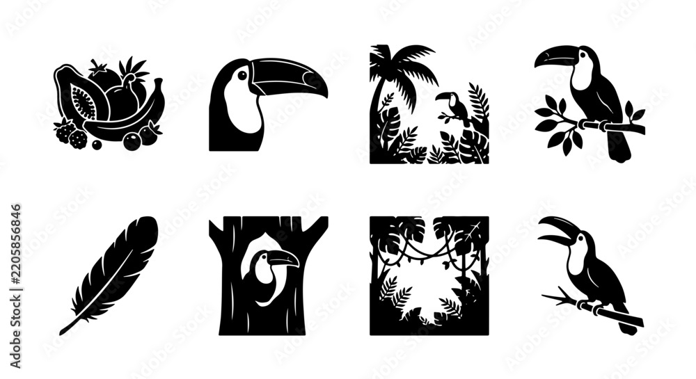 Obraz premium Tropical toucan bird icons set, black vector silhouettes of exotic rainforest wildlife, jungle leaves and fruits
