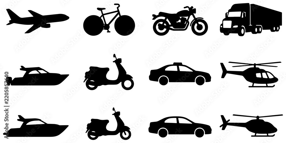 Fototapeta premium Black transportation vector silhouettes, vehicle icons collection, airplane motorcycle car truck boat helicopter symbols, logistics graphic set