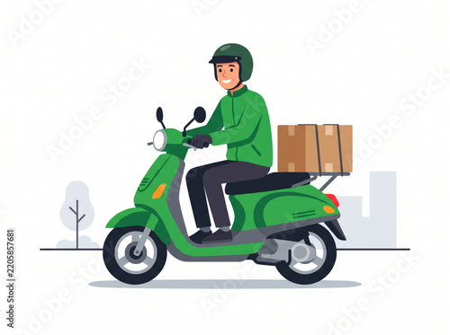 Delivery driver riding a green scooter with boxes in flat vector art
