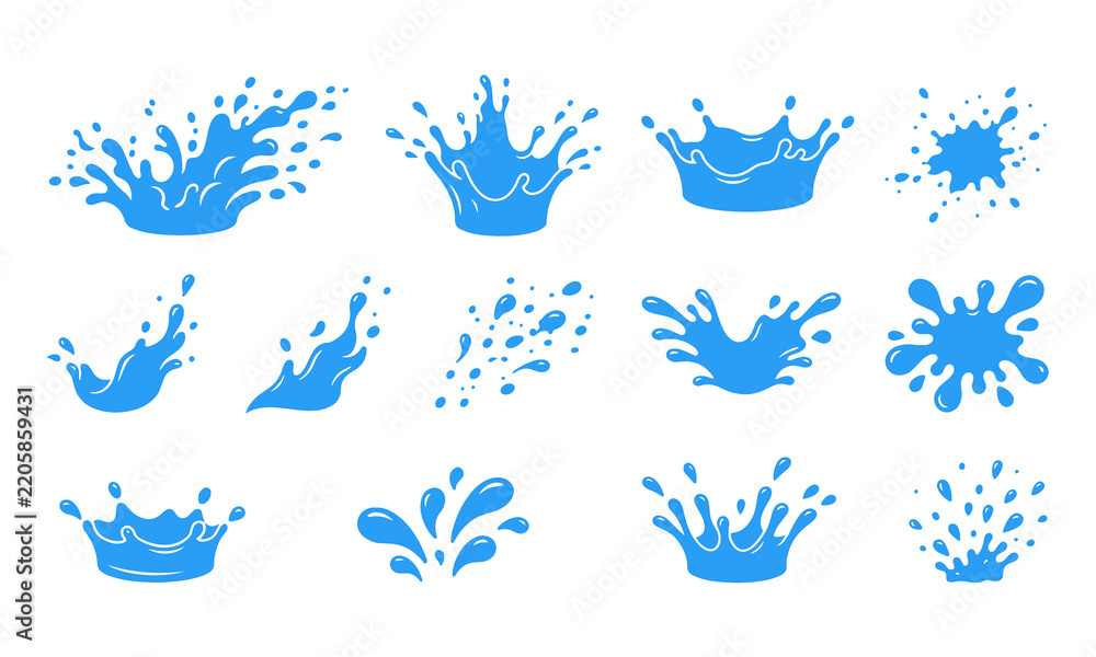 Fototapeta premium Vector set of blue water splashes and drops isolated on white background. Ocean waves, ripples, dynamic liquid flows and aqua elements for design