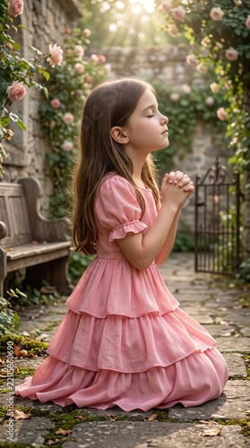 Young Girl Praying in Pink Dress - Faith and Spirituality 