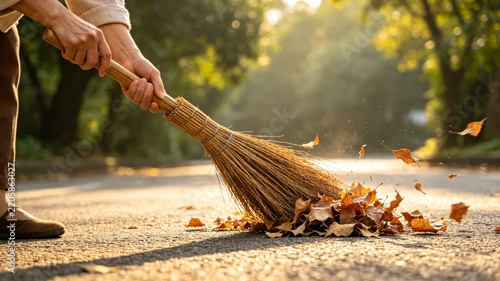 Hands Sweeping Autumn Leaves with Traditional Straw Broom on Road at Golden Hour