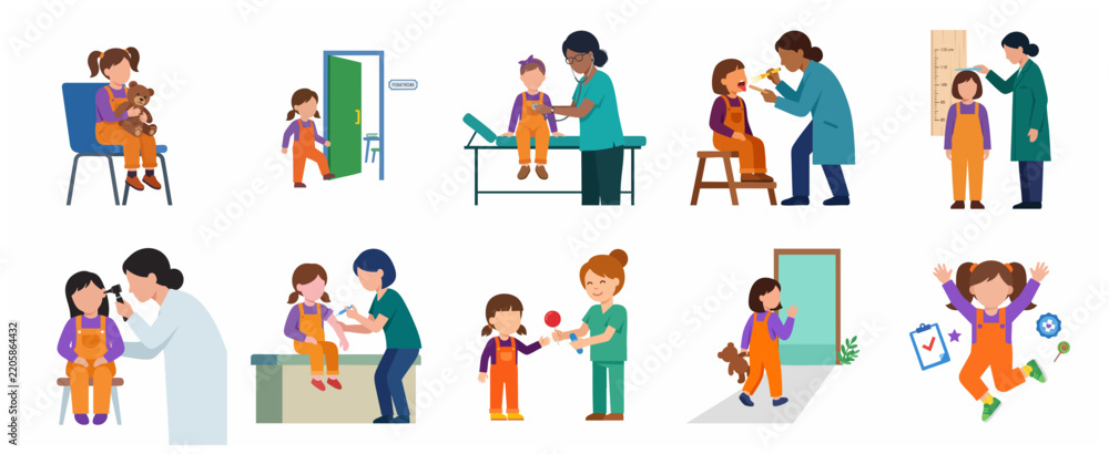 Fototapeta premium Pediatrician Medical Checkup Set for Children Featuring Little Girl and Doctor with Vaccination, Physical Exams, and Healthcare Scenes