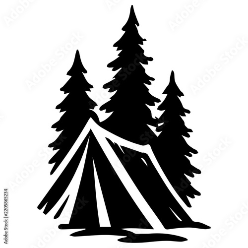 Hand drawn camping tent with pine trees black and white outdoor illustration