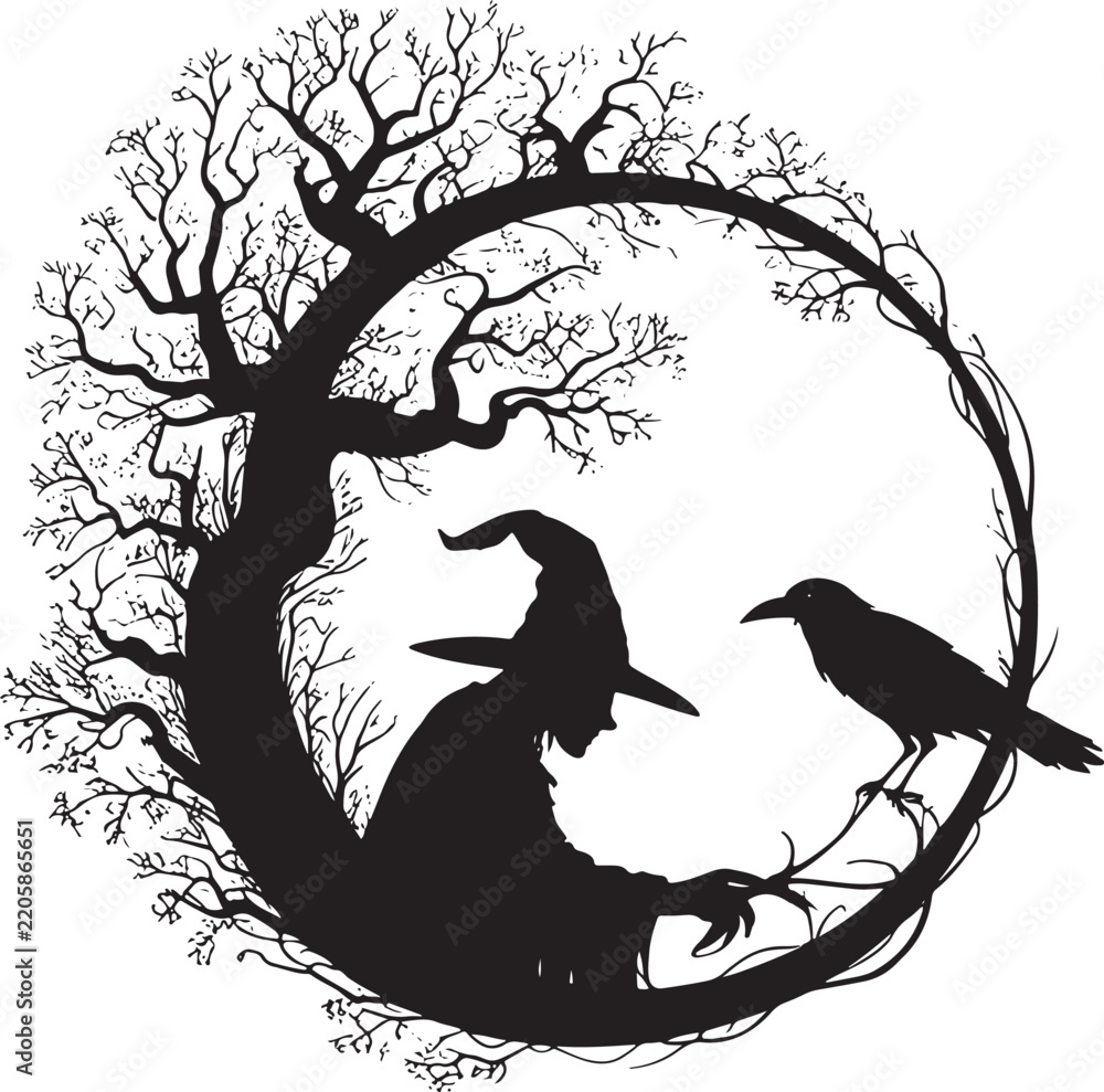 Obraz premium A minimalist black and white illustration featuring a witch sitting under a tree with a flying raven