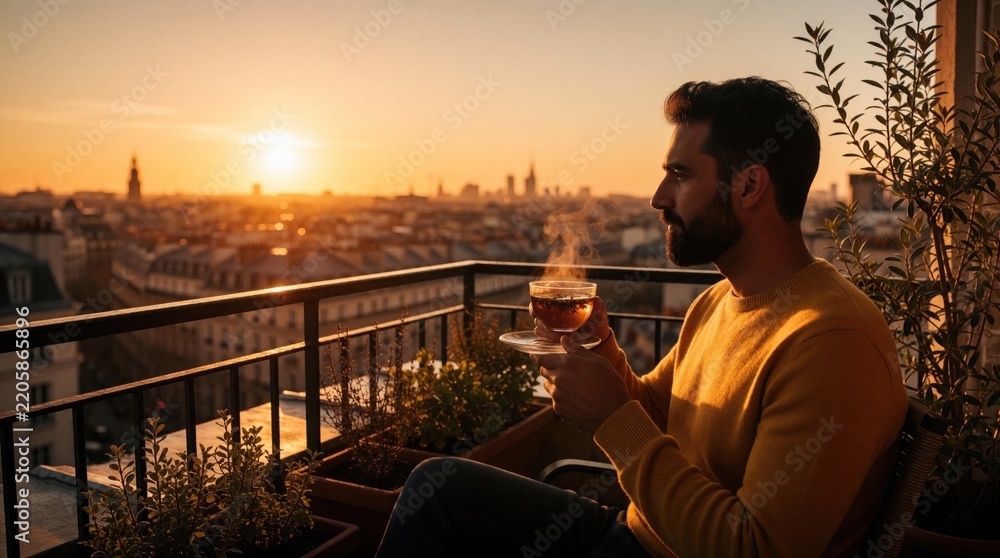 Fototapeta premium Young man sits on apartment balcony drinking hot herbal tea during golden hour sunset. Bearded male enjoys peaceful city view from terrace. Relaxed guy rests at home with steaming cup overlooking