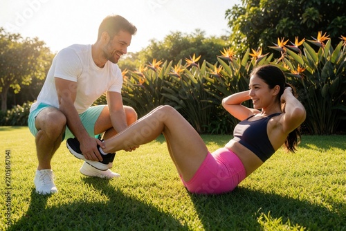 Young man helps woman sit ups on green grass in summer park. Happy couple training together for fitness, core strength. Athletic partners enjoy outdoor workout during sunny day. Healthy lifestyle