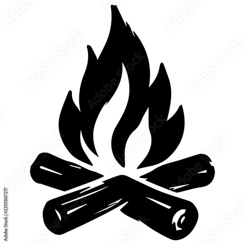 Hand drawn campfire with crossed logs black and white outdoor illustration
