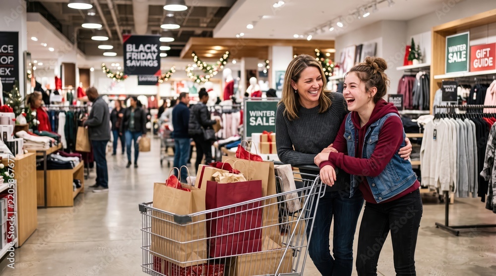 Fototapeta premium Cheerful mother and teenage daughter laughing while shopping together in a crowded department store during a busy black friday winter holiday sale event