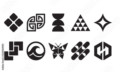 Abstract black and white minimalist icon collection for modern logo design and brand identity.