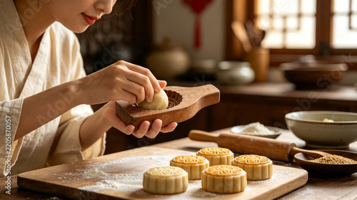 Asian Woman Making Traditional Mooncakes with Wooden Mold in Chinese Kitchen