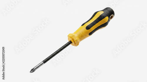 Yellow and black crosshead screwdriver isolated on a plain light background.