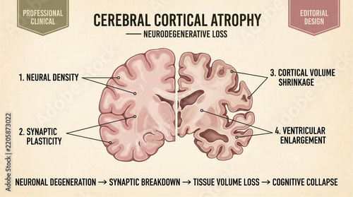 Medical infographic showing cerebral cortical atrophy and neurodegenerative brain tissue loss