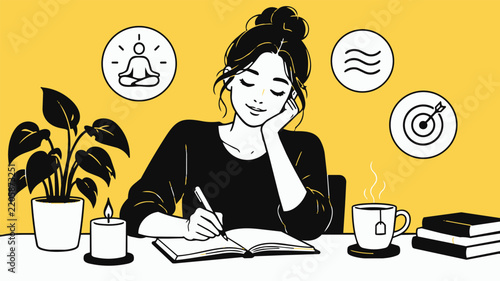 Illustration of an exhausted woman working at a desk with notebooks, coffee, books, and wellness symbols, depicting workplace burnout and the need for work-life balance.
