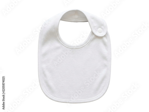 Plain white baby bib mockup | Soft cotton infant drool bib with snap closure | Blank newborn feeding accessory on gray background | Essential baby clothes for sublimation design