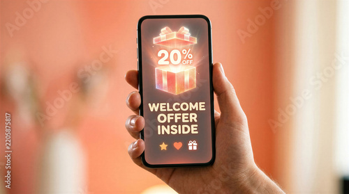 Hand holding a smartphone displaying a twenty percent discount welcome offer on the screen