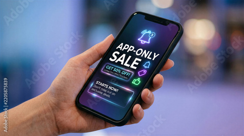 Close up of a hand holding a smartphone displaying a neon app-only sale promotion on the screen