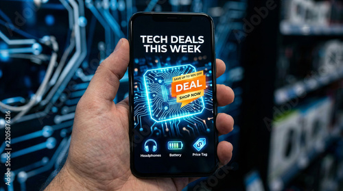 Hand holding a smartphone displaying a digital advertisement for weekly technology product deals