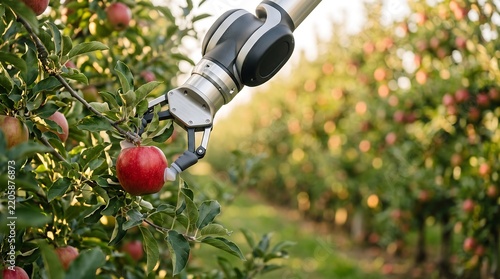 Automated robotic arm harvesting ripe red apples in orchard with copy space