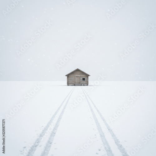 house in snow on white back griund