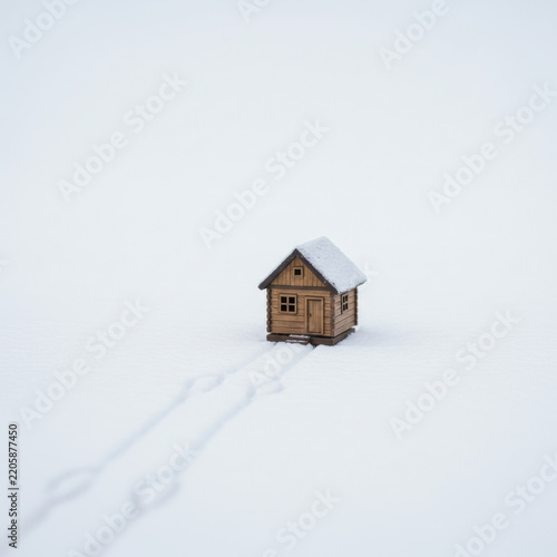 house in snow on white back griund
