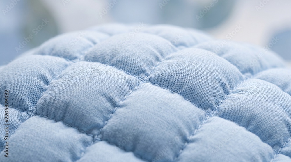 Fototapeta premium Macro close up of soft puffy quilted fabric texture background in pastel blue