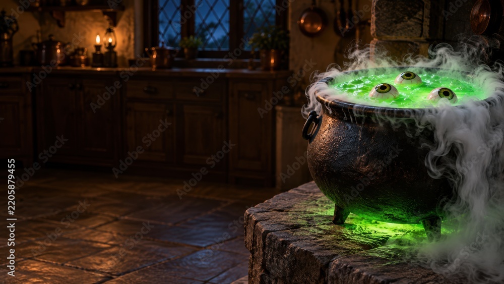 Obraz premium Witch cauldron with green glowing potion and floating eyeballs in spooky dimly lit old wooden kitchen