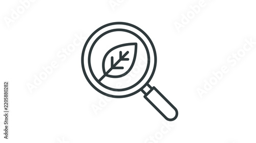 Ecological research vector icon showing magnifying glass inspecting green leaf for environmental science studies