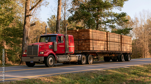 ndustrial heavy duty truck trailer hauler delivering wood lumber on highway road in Lynchburg, Virginia rural countryside 
