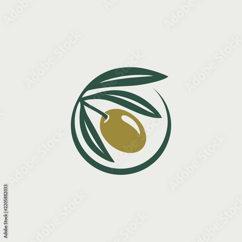 Minimalist olive branch logo icon with a single olive and green leaves in a circular frame