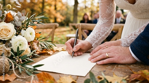 Bride signing wedding document with flowers in autumn setting  