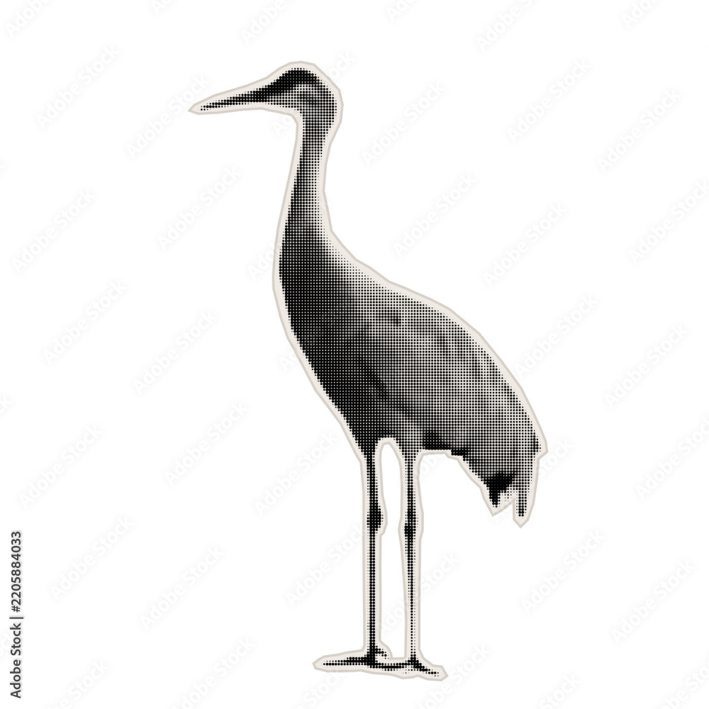 Obraz premium Stork sticker. Long-legged crane. Paper cutout of a heron. Halftone style vector illustration for magazine designs, educational materials, greeting cards, posters, and banners.