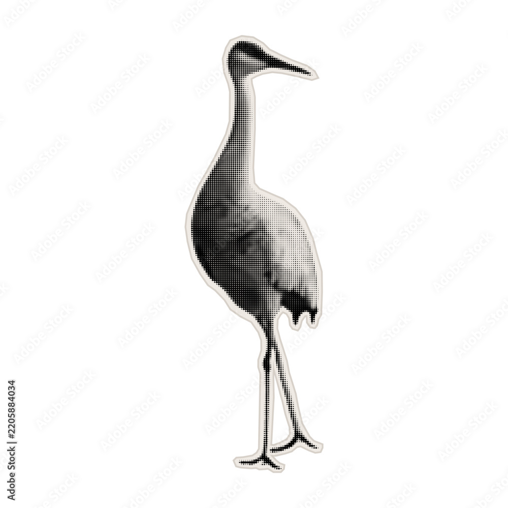 Obraz premium Stork, crane, or heron. A long-legged bird. Paper cutout of the bird. Vector illustration with stipple texture.