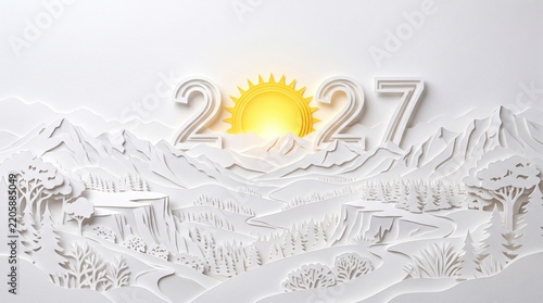 New Year 2027 celebration banner. Paper cut mountain landscape with glowing sun and typography