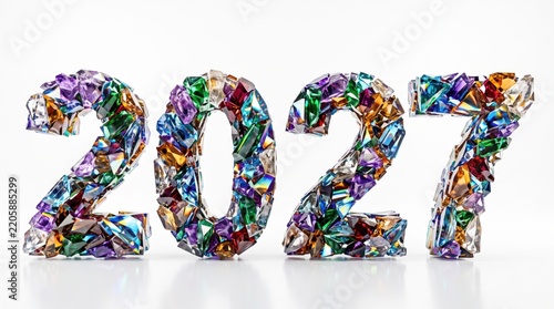 New Year 2027 celebration numbers. Colorful gemstone mosaic typography. Sparkly jewels on white