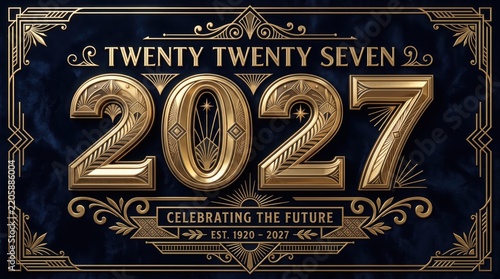 Year 2027 luxury greeting card design. Vintage art deco gold numerals with ornate frame on dark blue marble background. New Year celebration banner