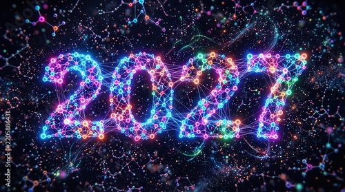 2027 future year text formed by glowing digital molecule network. Science and tech concept