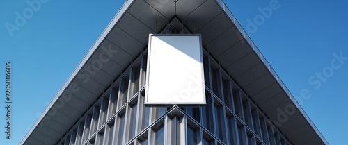 A blank vertical outdoor billboard hangs from the corner of a modern glass and steel building against a clear blue sky, serving as a clean mockup for architectural advertising.