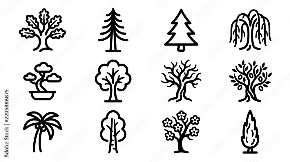 Obraz premium Tree line icons and botanical symbols showcasing diverse plant species, forest natural shapes and organic wood elements, concept for environmental graphics and nature conservation design