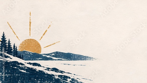 冬の雪景色に輝く太陽と連なる山々を描いた木版画のイラスト（生成AI）