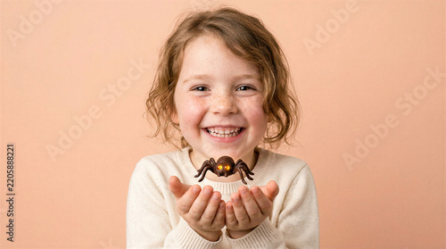 A joyful young girl holding a small glowing chocolate spider in her hands against a plain background