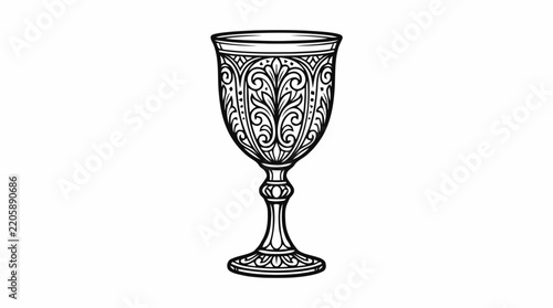 Ornate goblet decorated with intricate scrollwork stands prominently as a detailed line drawing.